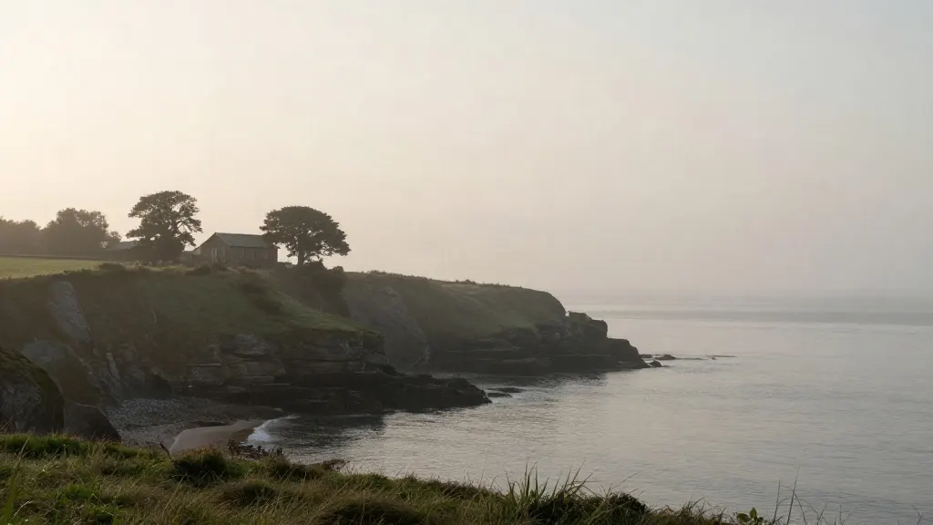 A misty headland above a quiet grey sea at dawn, with a low stone house among oak trees