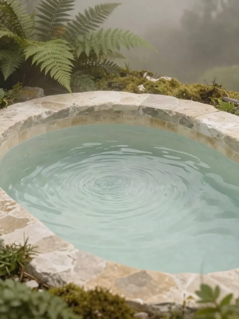 A still stone-edged pool among ferns and moss in morning mist