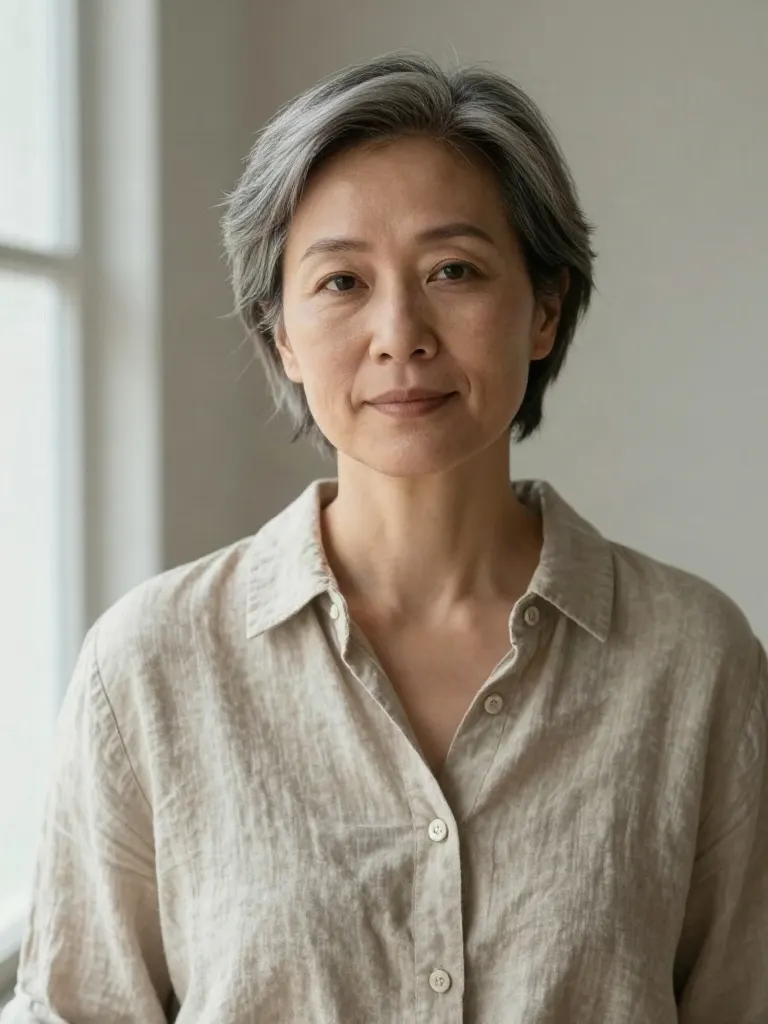 Portrait of Hana Voss, breath and meditation lead, in an oatmeal linen shirt