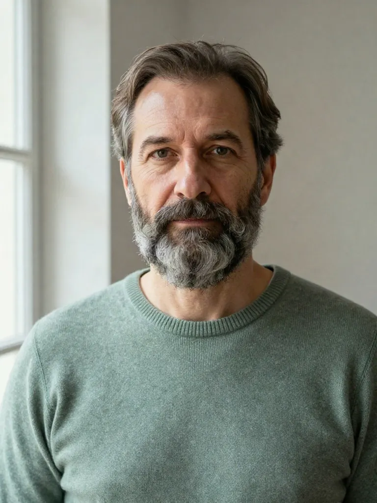 Portrait of Tobias Ellery, movement and walking guide, in a sage knit sweater