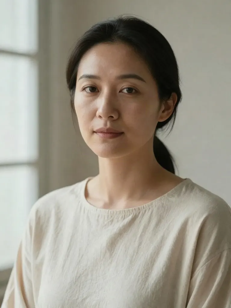 Portrait of Linh Marrow, bodywork and water therapist, in a cream tunic