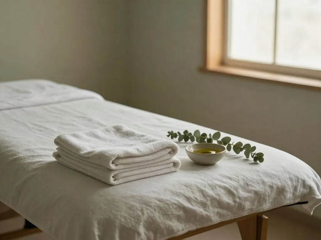 A linen treatment table with folded towels, a bowl of oil and a sprig of eucalyptus by a window